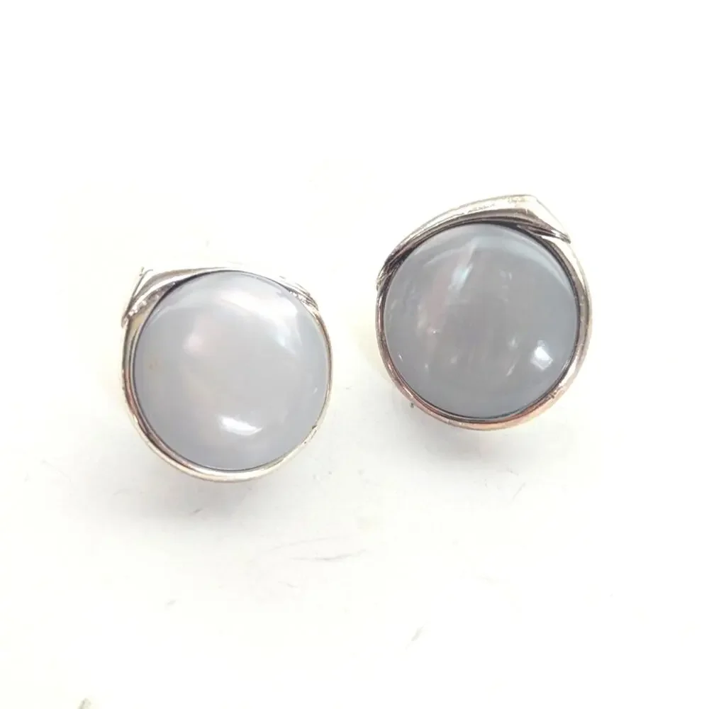 Vintage Estate Classic Silver Tone Moonglow Blue Cabochon Clip On Earrings